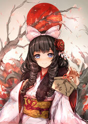  absurdres black_hair blue_eyes blush bow branch cherry_blossoms closed_mouth commentary_request drill_hair ema female flower girls&#039;_frontline hair_flower hair_ornament hair_ribbon hand_on_own_chest hands_up highres holding howa_type_64_(girls&#039;_frontline) howa_type_64_(new_year_wish)_(girls&#039;_frontline) japanese_clothes japanese_flag kimono long_hair obi official_alternate_costume petals photoshop_(medium) pink_bow pink_kimono ribbon sash sidelocks smile solo tree trrcmb upper_body 