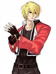  1boy adjusting_clothes adjusting_gloves blonde_hair commentary_request fatal_fury fingerless_gloves garou:_mark_of_the_wolves gloves jacket male_focus ogros red_eyes rock_howard solo the_king_of_fighters upper_body 