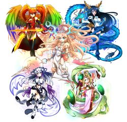  5girls bare_shoulders barefoot black_hair blonde_hair blue_eyes boots braid breasts brown_eyes cape china_dress chinese_clothes cleavage cleavage_cutout clothing_cutout commentary detached_collar detached_sleeves double_bun dragon dragon_horns dragon_tail dress dual_wielding eastern_dragon elbow_gloves fins fulunukko fur_trim gloves green_eyes hair_bun hair_ornament hair_ribbon haku_(p&amp;d) head_fins headdress holding horns karin_(p&amp;d) knee_boots leilan_(p&amp;d) long_hair long_sleeves medium_breasts meimei_(p&amp;d) multicolored_hair multiple_girls polearm ponytail purple_hair puzzle_&amp;_dragons red_hair ribbon sakuya_(p&amp;d) scepter shield simple_background sleeves_past_wrists snake spear sword tail thigh_boots thighhighs tiger_tail turtle_shell twin_braids twintails two-tone_hair weapon white_hair wide_sleeves wings yin_yang zettai_ryouiki 