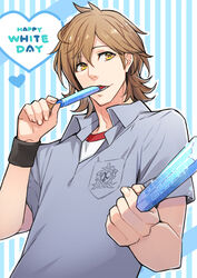  1boy brown_hair eating food male_focus minoa_(lastswallow) mita_makoto mullet nitro+_chiral open_collar outline photoshop_(medium) popsicle sharing_food simple_background smile solo striped striped_background sweet_pool upper_body white_day white_outline yellow_eyes 