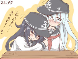  2girls akatsuki_(kancolle) bad_id bad_pixiv_id black_hair blush closed_eyes grey_eyes grey_hair hat hibiki_(kancolle) kantai_collection long_hair multiple_girls musouzuki neckerchief school_uniform serafuku sleeping timestamp translated 