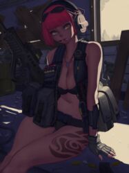  arm_at_side arm_support assault_rifle asymmetrical_gloves backlighting bad_id bad_pixiv_id bag bare_shoulders between_breasts bikini black_bikini blunt_bangs boarded_windows bob_cut breasts buckle bullet bullpup bypos cable candy cleavage debris eotech eyelashes eyewear_on_head female finger_on_trigger fingerless_gloves food food_in_mouth gloves gun headphones headset highres holding holding_gun holding_weapon iwi_tavor large_breasts leg_tattoo load_bearing_vest lollipop looking_at_viewer magazine_(weapon) microphone mole mole_under_eye mouth_hold navel original pink_hair pink_lips plank rifle shade shell_casing short_hair sitting sleeveless snap-fit_buckle solo stomach sunglasses swimsuit tattoo thigh_gap tools uneven_gloves unzipped weapon window wood wrench yellow_eyes 