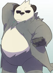  bear better_version_at_source generation_6_pokemon giant_panda leaf male mammal nintendo pangoro pokemon pokemon_(species) pose shirosaru simple_background slightly_chubby solo white_background 