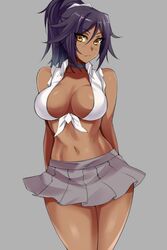  alternate_costume arms_behind_back bare_shoulders bleach blush breasts choker cleavage closed_mouth contemporary crop_top dark-skinned_female dark_skin female front-tie_top hevn large_breasts looking_at_viewer midriff miniskirt navel open_clothes open_shirt ponytail purple_hair revealing_clothes school_uniform shihouin_yoruichi shirt skirt sleeves_rolled_up smile solo tied_shirt yellow_eyes 