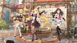  &gt;_&lt; 10project 3girls :d ;d arm_up armpits bare_shoulders black_footwear black_legwear black_sleeves blonde_hair blue_eyes blue_sky blurry blurry_background boots breasts bridal_gauntlets brown_dress brown_footwear brown_hair brown_sleeves brown_wings callus_(10project) closed_eyes commentary_request day depth_of_field detached_sleeves dress elizabeth_(10project) fishnets green_eyes hair_ornament hair_ribbon hairclip hand_on_own_hip head_wings high_heel_boots high_heels high_ponytail highres holding holding_microphone juliet_sleeves kizuna_ai kizuna_ai_(elegant) kizuna_ai_inc. linfi-muu long_hair long_sleeves medium_breasts microphone multicolored_hair multiple_girls navel one_eye_closed open_mouth outdoors own_hands_together pink_hair ponytail puffy_sleeves purple_ribbon ribbon shirt short_shorts shorts sky sleeveless sleeveless_dress smile speaker standing standing_on_one_leg streaked_hair string_of_flags thigh_boots thighhighs twintails very_long_hair virtual_youtuber wavy_mouth white_footwear white_legwear white_shirt white_shorts wings wrist_cuffs 