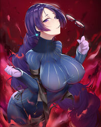  bad_id bad_pixiv_id black-framed_eyewear black_dress blue_dress blush braid breasts commentary_request cosplay dress earrings fate/grand_order fate_(series) female fire glasses gloves hair_between_eyes highres holding holding_removed_eyewear jewelry kakumayu large_breasts long_hair long_sleeves looking_at_viewer minamoto_no_raikou_(fate) parted_bangs parted_lips purple_eyes purple_gloves purple_hair ribbed_dress single_braid smile solo strapless strapless_dress sweater sweater_dress turtleneck turtleneck_sweater unworn_eyewear very_long_hair yu_mei-ren_(fate) yu_mei-ren_(fate)_(cosplay) yu_mei-ren_(first_ascension)_(fate) 