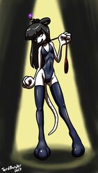  antennae_(anatomy) black_hair buckteeth clothing collar cybernetics cyborg female flat_chested fur hair hi_res leash legwear leotard machine mammal mouse murid murine oreo_(terdburgler) rodent spotlight stockings teeth terdburgler white_body white_fur 