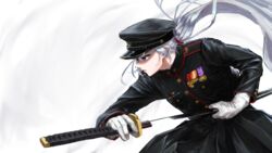  746kuchiku absurdres black_hat commentary_request female hat highres higuchi_kaede higuchi_kaede_(8th_costume) holding holding_sword holding_weapon katana long_hair medal military military_hat military_uniform nijisanji ponytail purple_eyes sheath simple_background solo sword uniform unsheathing very_long_hair virtual_youtuber weapon white_background white_hair 