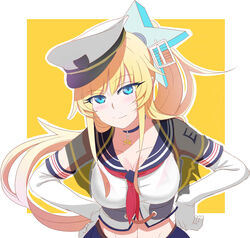  bad_id bad_pixiv_id blonde_hair blue_eyes blush bra breasts choker elbow_gloves enterprise_(warship_girls_r) female gloves hair_ornament hands_on_own_hips hat highres jpeg_artifacts large_breasts leaning_forward long_hair looking_at_viewer lulu_heika peaked_cap ponytail sailor_collar see-through smile solo star_(symbol) star_hair_ornament underwear warship_girls_r 