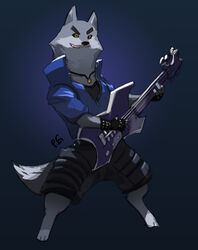  2017 anthro armello canid canine canis clothed clothing electric_guitar fingerless_gloves gloves guitar handwear hi_res jewelry league_of_geeks male mammal musical_instrument necklace playing_guitar playing_music plucked_string_instrument purpleground02 solo string_instrument thane_(armello) wolf 