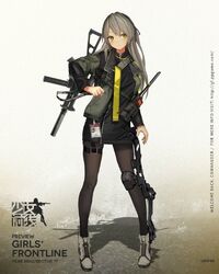  blush character_name exoskeleton female full_body girls_frontline grey_hair gun h&amp;k_ump hair_between_eyes heckler_&amp;_koch jacket long_hair looking_away official_art pantyhose renatus.z single_knee_pad solo submachine_gun suppressor ump40_(girls_frontline) walkie-talkie weapon yellow_eyes 