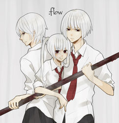  .flow 2boys blood bob_cut commentary_request copyright_name female height_difference hug kaibutsu lead_pipe looking_at_viewer ma_(white-robe) multiple_boys necktie photoshop_(medium) red_eyes school_uniform short_sleeves smile twintails white_hair 