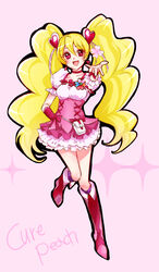  bad_id bad_pixiv_id blonde_hair boots bow character_name cherry_blossoms choker cure_peach earrings female fresh_precure! hair_ornament heart heart_hair_ornament highres jewelry knee_boots long_hair magical_girl mikan_(mikataaaa) momozono_love petals pink_background pink_bow pink_choker pink_footwear pink_wrist_cuffs precure red_eyes skirt smile solo twintails wrist_cuffs 