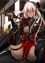  ass black_thighhighs blush breasts brown_eyes cleavage commentary dark-skinned_female dark_skin fate/grand_order fate_(series) female grey_hair highres holding holding_sword holding_weapon katana large_breasts long_hair okita_souji_(fate) okita_souji_alter_(fate) one_eye_closed sheath sitting solo spread_legs sweatdrop sword thighhighs unsheathing vane_(vane0) very_long_hair wavy_mouth weapon 