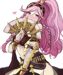  blush braid bridal_gauntlets commentary english_commentary female fire_emblem fire_emblem_awakening fire_emblem_heroes hairband hand_fan heart holding holding_fan ippers long_hair olivia_(fire_emblem) olivia_(performing_arts)_(fire_emblem) pink_eyes pink_hair ponytail side_braid simple_background solo twin_braids white_background 