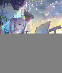  absurdres barefoot blue_eyes blue_hair chair closed_mouth corrupted_image easel female hatsune_miku highres holding_paintbrush long_hair looking_away replaceme sitting solo twintails vocaloid xyz_(5636552) 