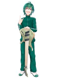  1other :d \m/ absurdres androgynous bad_id bad_pixiv_id full_body green_hair green_jacket green_pants guitar guitaro_(yabasaki_taro) highres instrument jacket long_sleeves nijisanji open_mouth other_focus pants purple_eyes ryuushen shoes skervesen_guitars skervesen_swan smile sneakers solo standing track_jacket track_pants track_suit virtual_youtuber white_background white_footwear 