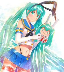  2girls :3 :o aqua_eyes aqua_hair artist_name black_panties blush chibi chibi_miku_(mayo_riyo) commentary_request cosplay crop_top crop_top_overhang crossover elbow_gloves gloves green_eyes green_hair hairband hatsune_miku highleg highleg_panties innertube kantai_collection long_hair marker_(medium) mayo_riyo midriff mini_person minigirl miniskirt multiple_girls navel panties rensouhou-chan rensouhou-chan_(cosplay) shimakaze_(kancolle) shimakaze_(kancolle)_(cosplay) skirt striped_clothes striped_thighhighs swim_ring thighhighs traditional_media twintails underwear very_long_hair vocaloid white_gloves 