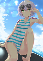  adjusting_eyewear arm_support arm_up armpits backlighting bad_id bad_pixiv_id bare_arms bare_legs bare_shoulders barefoot blue_one-piece_swimsuit blue_sky breasts casual_one-piece_swimsuit cloud collarbone commentary day elusya fate/apocrypha fate/grand_order fate_(series) female from_below green_eyes grey_hair hair_between_eyes head_tilt highres horizon jack_the_ripper_(chaldea_lifesavers)_(fate) jack_the_ripper_(fate/apocrypha) knee_up lens_flare looking_at_viewer ocean one-piece_swimsuit parted_lips scar scar_across_eye scar_on_cheek scar_on_face short_hair sitting sky slit_pupils small_breasts solo striped_clothes striped_one-piece_swimsuit sun sunglasses sunlight swimsuit tattoo white_one-piece_swimsuit 