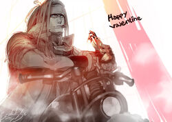  1boy arm_rest blue_eyes candy chocolate chocolate_bar dark-skinned_male dark_skin dramatical_murder dreadlocks fingerless_gloves food food_in_mouth gloves happy_valentine headband lock long_hair looking_at_viewer male_focus mink_(dramatical_murder) motor_vehicle motorcycle nitro+_chiral padlock signature sinov_mimori sitting solo valentine 