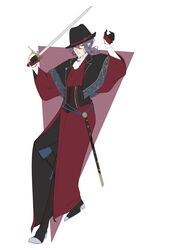  1boy absurdres ascot black_footwear black_gloves black_hat boots commentary cross-laced_footwear food_fantasy full_body gloves hat highres holding holding_sword holding_weapon knee_boots looking_at_viewer male_focus medium_hair midori-na-orera pointy_ears purple_hair red_wine_(food_fantasy) sheath simple_background solo standing standing_on_one_leg sword weapon white_ascot wide_sleeves 