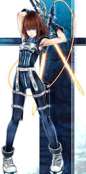  armor armpits arms_behind_head arms_up asuke_yuki belt blue_eyes bodysuit boots breastplate brown_hair character_name commentary_request copyright_name dirge_of_cerberus_final_fantasy_vii dual_wielding energy_sword female final_fantasy final_fantasy_vii fingerless_gloves gloves highres holding photoshop_(medium) sheath shelke_the_transparent short_hair sleeveless sleeveless_bodysuit solo sword thigh_strap weapon 