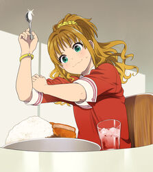  :3 aqua_eyes arm_up bad_id bad_pixiv_id bracelet chair collared_shirt commentary cup curry curry_rice drinking_glass female food from_below hair_intakes hair_ornament hair_scrunchie hand_on_own_arm high_ponytail hino_akane_(idolmaster) holding holding_spoon idolmaster idolmaster_cinderella_girls jewelry katsu_(food) katsu_curry long_hair looking_down mattaku_mousuke orange_hair photoshop_(medium) plate red_shirt rice scrunchie shirt sitting sleeves_rolled_up solo spoon sweatdrop upper_body wavy_hair wing_collar yellow_scrunchie 