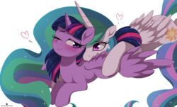  2017 alicorn allopreening blush cutie_mark duo equid equine eyelashes feather_preening feathered_wings feathers female feral friendship_is_magic hair hasbro heart_symbol hooves horn long_hair mammal multicolored_hair multicolored_tail my_little_pony mythological_creature mythological_equine mythology one_eye_closed personal_grooming princess_celestia_(mlp) purple_body purple_eyes purple_feathers simple_background smile social_grooming tail twilight_sparkle_(mlp) verawitch white_background white_body white_feathers wings 