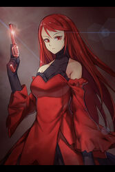  bad_id bad_pixiv_id bare_shoulders black_gloves bobomaster dress elbow_gloves female gloves gun long_hair long_sleeves looking_at_viewer photoshop_(medium) pixiv_fantasia pixiv_fantasia_t red_eyes red_hair red_queen_(pixiv_fantasia) solo weapon 