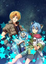  animal_ears bad_id bad_twitter_id blonde_hair blue_eyes blue_hair book cat_ears claude_c._kenny commentary_request gloves headband jacket leon_geeste male_focus multiple_boys pointy_ears shorts smile star_ocean star_ocean_the_second_story traia_chokusai 