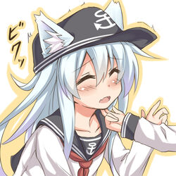  ^^^ ^_^ animal_ears bad_id bad_pixiv_id cat_ears closed_eyes female grey_hair hand_on_another&#039;s_chin hat hibiki_(kancolle) kantai_collection kemonomimi_mode long_hair musouzuki neckerchief open_mouth school_uniform serafuku solo_focus stroking_another&#039;s_chin translated upper_body 