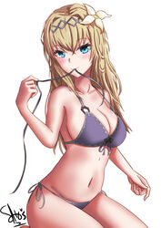  absurdres artist_name bikini blonde_hair blue_bikini blue_eyes bow bow_bikini breasts cleavage commentary_request female granblue_fantasy groin highres jeanne_d&#039;arc_(granblue_fantasy) jeanne_d&#039;arc_(summer)_(granblue_fantasy) large_breasts long_hair mouth_hold navel official_alternate_costume sato_art side-tie_bikini_bottom solo strap_gap swimsuit white_background 