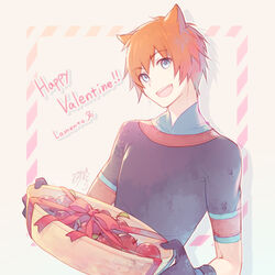  1boy animal_ears apple basket black_gloves blue_eyes bow cat_boy cat_ears copyright_name food fruit gloves grey_background happy_valentine head_tilt lamento looking_at_viewer male_focus nekokan_masshigura nitro+_chiral orange_hair shirt signature simple_background smile solo t-shirt tokino_(lamento) upper_body valentine 