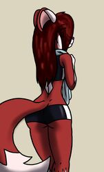  anthro ass athletic_wear big_tail biped bottomwear canid canine clothed clothing dipstick_tail exercise_clothing female fluffy fluffy_tail fox fur gloves_(marking) hair hi_res hotpants hybrid leg_markings linda_wright long_hair looking_back mammal markings midriff multicolored_body multicolored_fur multicolored_tail rear_view red_body red_fur red_hair shorts simple_background socks_(marking) solo standing tail tail_markings tan_background terdburgler tight_clothing towel towel_around_neck translucent translucent_hair two_tone_body two_tone_fur white_background white_body white_fur wide_hips 