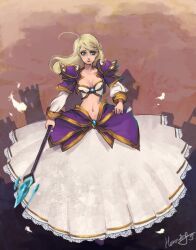  blonde_hair blue_eyes breasts cleavage dress feathers feathers frills herowing jacket jaina_proudmoore long_hair midriff nal_(nal&#039;s_pudding) navel staff warcraft world_of_warcraft 