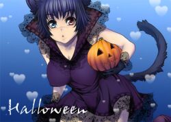  animal_ears blue_eyes blue_hair capcom cat_ears cat_tail devil_may_cry devil_may_cry_3 dress gloves halloween heterochromia jack-o&#039;-lantern jack-o-lantern lady lady_(devil_may_cry) miniskirt pumpkin red_eyes scar short_hair skirt tail taro_(artist) 