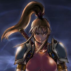  bakemonokun bodysuit brown_hair grey_eyes long_hair lowres ponytail shoulder_pads soul_calibur soulcalibur_ii taki taki_(soulcalibur) 