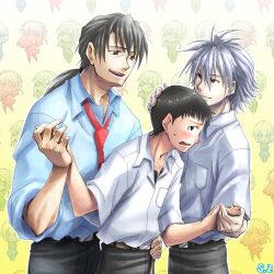  blush gradient gradient_background group_sex hand_holding holding_hands ikari_shinji kaji_ryouji male_focus multiple_boys nagisa_kaworu necktie neon_genesis_evangelion school_uniform silver_hair sweatdrop tie two_on_one yaoi 