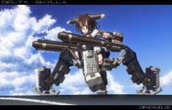  armored_core armored_core_3 black_eyes brown_hair from_software gatling_gun glasses gun hier mecha_musume weapon 