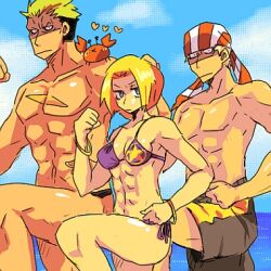  2boys bikini billy_kane blonde_hair blue_mary female girl king_of_fighters kof lowres male multiple_boys muscle snk swimsuit yamazaki_ryuji yamazaki_ryuuji 