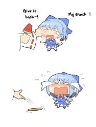  &gt;_&lt; blue_hair blush breasts bullying chibi cirno closed_eyes female food fruit hakurei_reimu huge_breasts kloah popsicle robbery simple_background tears the_embodiment_of_scarlet_devil theft touhou translated watermelon watermelon_bar wings 