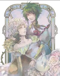  androgynous asellus brown_hair closed_eyes couple dress flower green_hair lowres princess_white_rose red_eyes regulaton saga saga_frontier short_hair yuri 