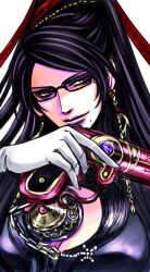  arumisin417 bayonetta bayonetta_(character) black_hair brown_eyes chains earrings glasses gun jewelry kaoru long_hair mole red_ribbon ribbon weapon 