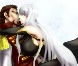  beard brown_eyes brown_hair facial_hair kissing long_hair military military_uniform mkt radi_jaeger red_eyes selvaria_bles senjou_no_valkyria senjou_no_valkyria_1 silver_hair uniform 