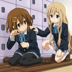  banned_artist blonde_hair brown_hair eyebrows hair_ornament hairclip hirasawa_yui k-on! kotobuki_tsumugi long_hair mountain_pukuichi multiple_girls pantyhose school_uniform short_hair sitting tears 