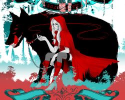  alucard alucard_(hellsing) big_bad_wolf big_bad_wolf_(grimm) blonde_hair boots cape cigar collar female glasses hellsing hood integra_hellsing little_red_riding_hood monster red_cape red_shoes sitting smoke solid&amp;etc thigh-highs thighhighs tongue wolf 