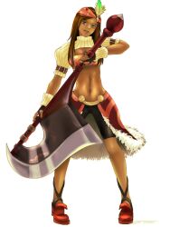  axe bandana bandana bike_shorts brown_eyes brown_hair dark_skin feathers feathers female female final_fantasy final_fantasy_ix fingerless_gloves full_body gloves guernica kanou lani long_hair midriff navel polearm shoes shorts solo tubetop weapon white_background 