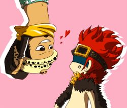  2boys chibi duo eustass_captain_kid eustass_kidd heart male male_focus multiple_boys one_piece pink_background pixiv_thumbnail raglan_sleeves resized supernova trafalgar_law yaoi 