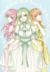  crossdressing crossdressing dress green_hair kouno_tooru long_hair orange_hair pink_hair princess_princess shihoudani_yuujirou trap tsuda_mikiyo yutaka_mikoto 