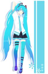  ahoge alternate_costume aqua_eyes aqua_hair aqua_legwear bad_id bad_pixiv_id banned_artist harano hatsune_miku headphones highres legs long_hair necktie skirt solo thighhighs twintails very_long_hair vocaloid zettai_ryouiki 